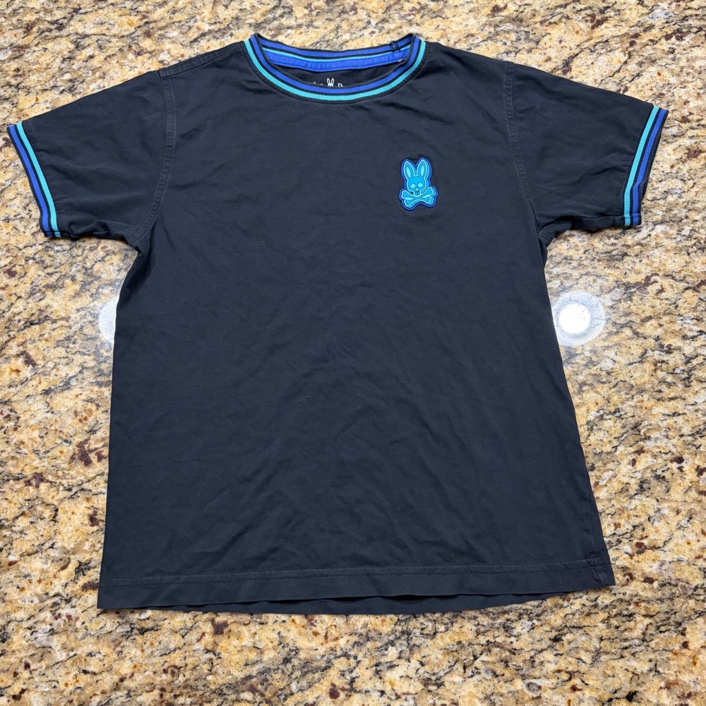 Psycho Bunny Kids Black Short Sleeve T-Shirt Blue Logo Size 10-12 M ws